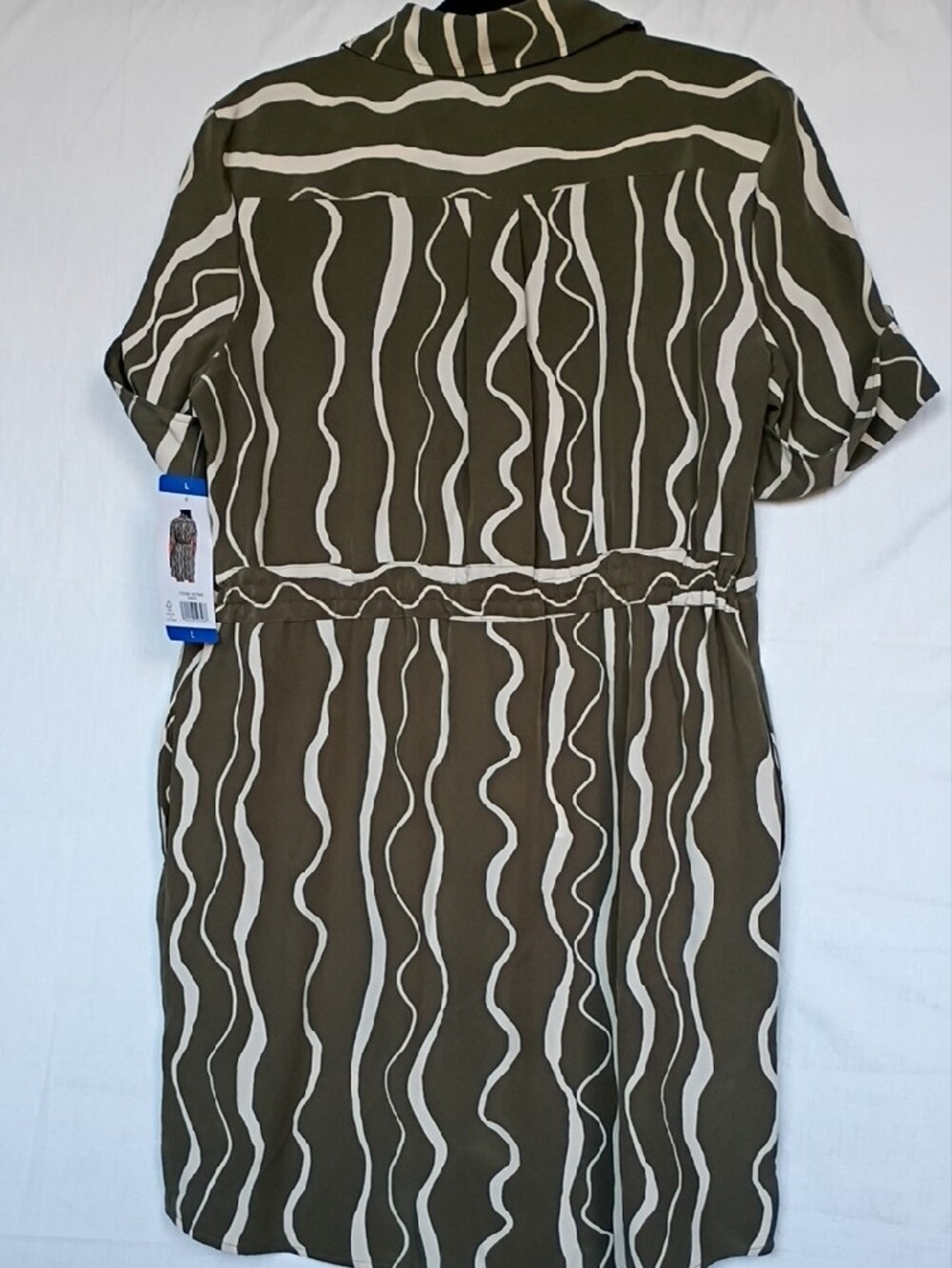 Halston Heritage Olive and Cream Wave-Print Midi Shirt Dress Size L - Picture 6 of 10